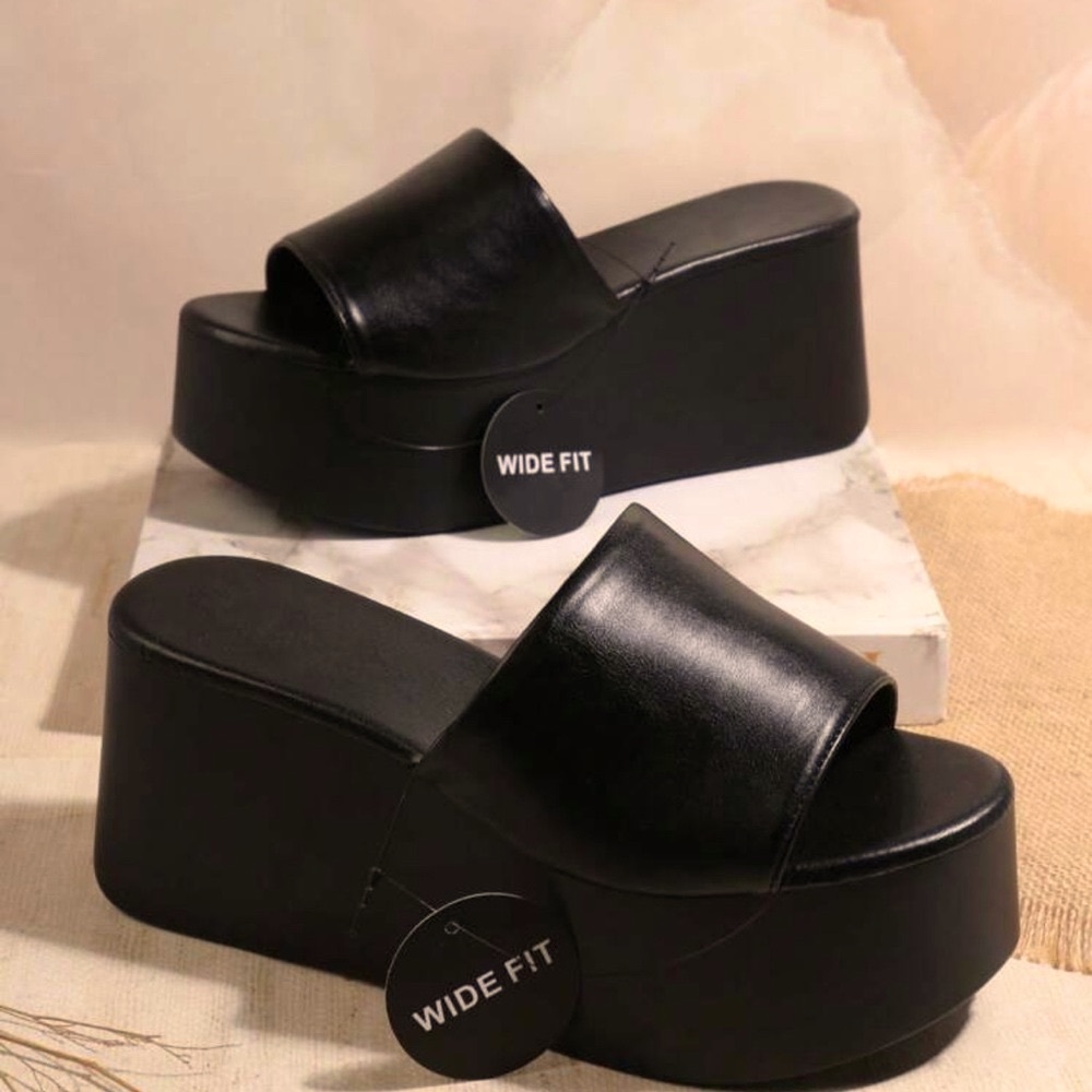 Black Platform Slide Wedge — Wide Fit